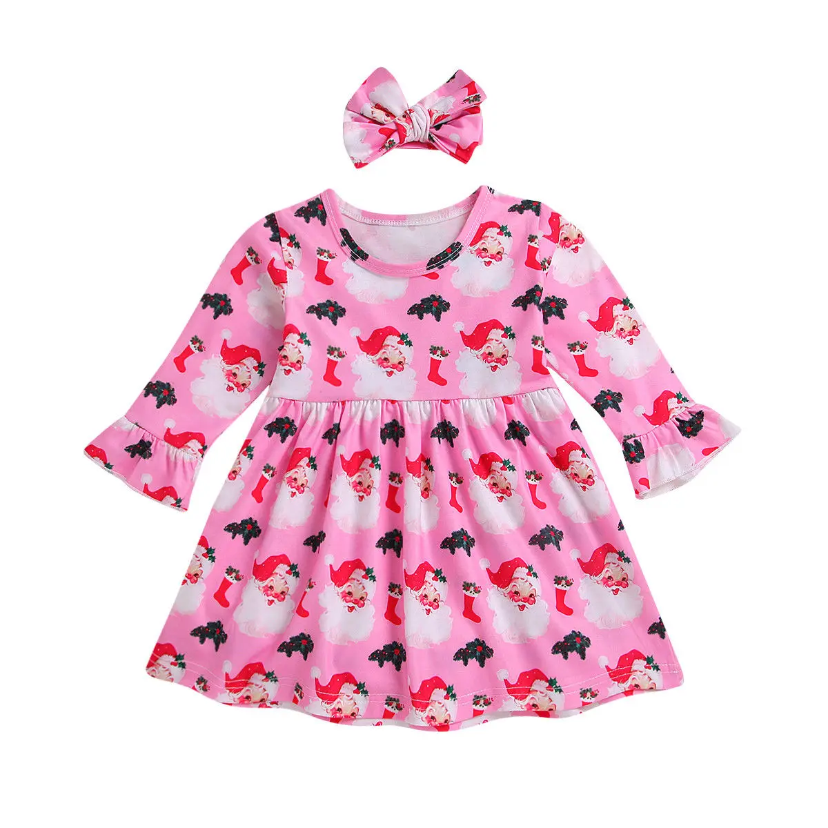 

Christmas Newborn Toddler Kids Baby Girl Dress Long Sleeve Santa Claus Print A-line Princess Party Dresses Headband 2PCS Clothes