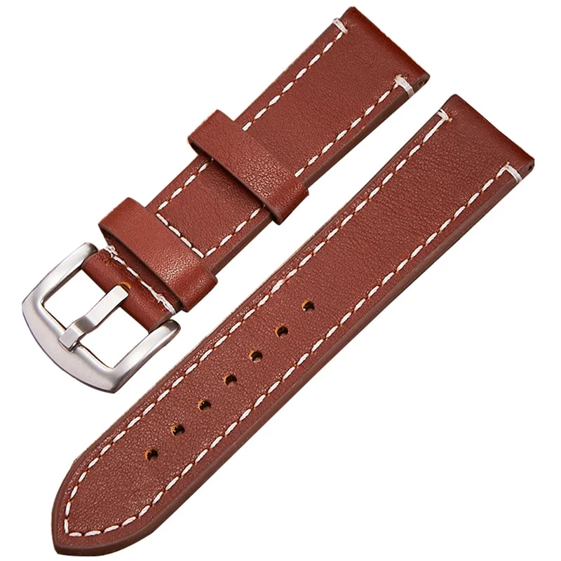TOP Quality 22mm Smooth Genuine Leather Watch Band Strap Black Dark Brown Vintage Watchbands Belt Silver Black Buckle