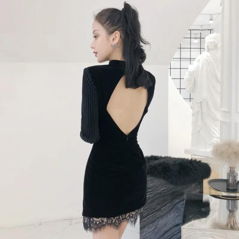 TWOTWINSTYLE Лоскутные кружевные бархатные платья женские с длинным рукавом открытой