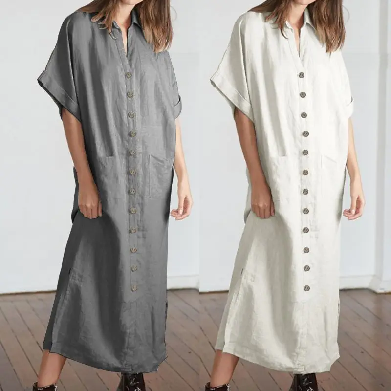 

S-5XL Celmia Vintage Women's Shirt Dress Lapel Short Sleeve Casual Loose Buttons Split Party Maxi Dresses Summer Long Vestidos