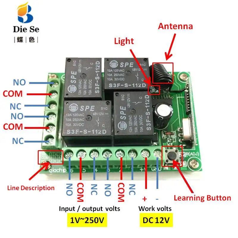 433MHz Universal Remote Control Relay 12V 4CH Relay Receiver Module RF 4 Button Remote Control Garage door light Switch 433MHz Universal Remote Control Relay 12V 4CH Relay Receiver Module RF 4 Button Remote Control Garage door light Switch