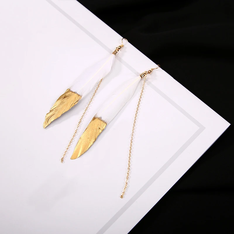 

New 1Pair Bohemian Feather Tassel Long Chain Drop Earring Women Girl Dangle Earrings Valentines Gift Fashion Jewelry