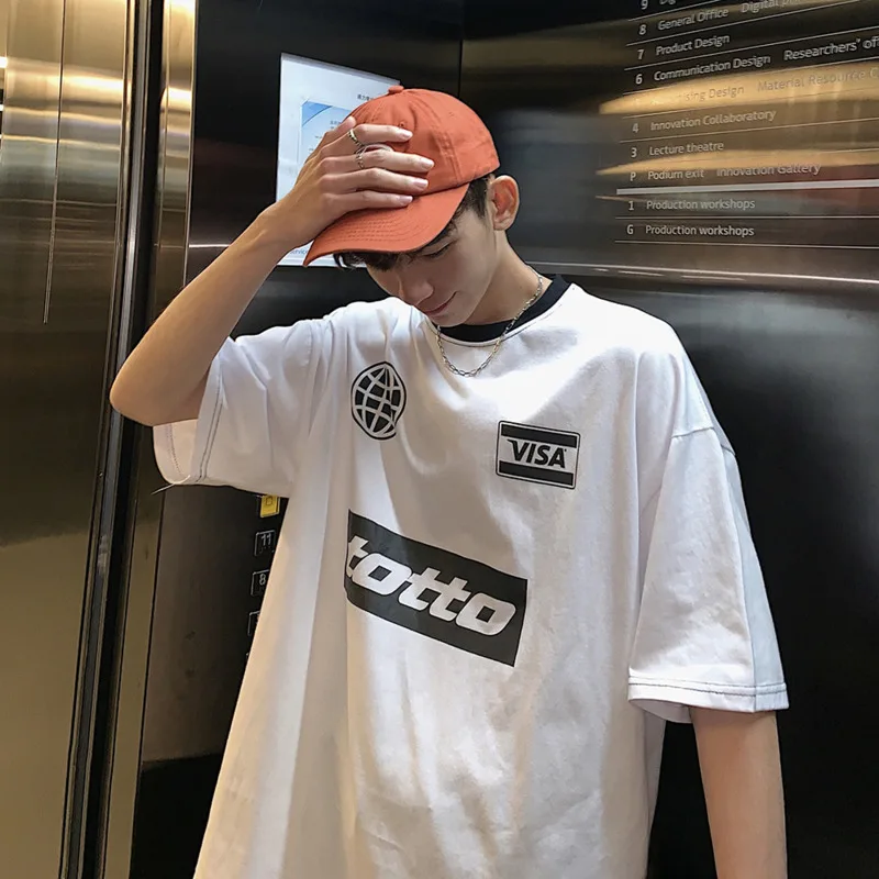 

Men's T - shirt 2019 summer new slim monogrammed short sleeve loose casual round neck five sleeve personality youth men's wear