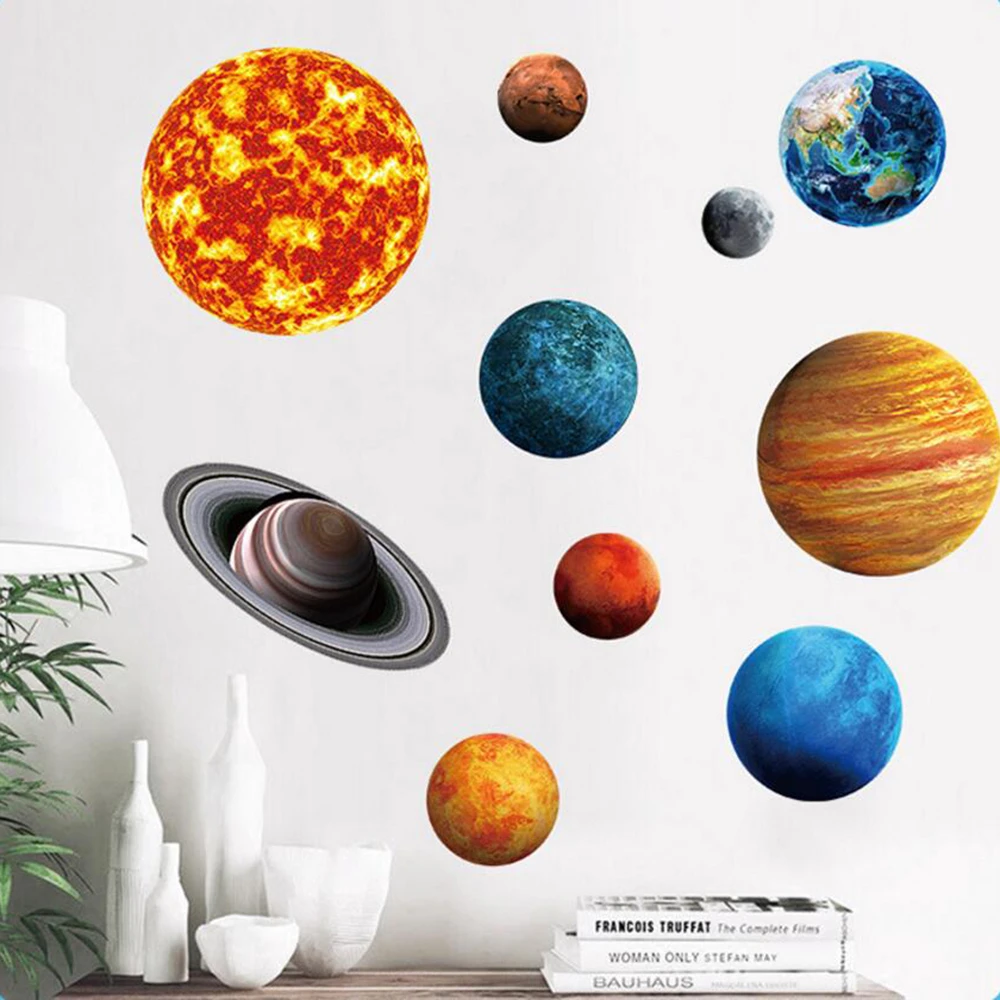 Креативные наклейки на стену, светящиеся флуоресцентные наклейки на девять планет, светящиеся наклейки на солнечной системе для детской комнаты, детское воображение