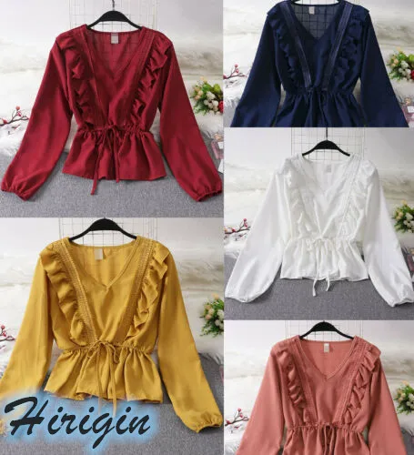 

Blouses NEW Casual Spring Women Solid Ruffle Long Sleeve V-Neck Shirt Ladies Loose Chiffon Short Tops Blouse