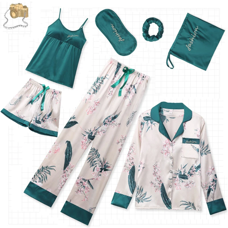 

Pajamas Set For Women Emulation Silk Print Sleepwear Sets Women Spring Summer High Quality Pajamas 7pcs/set Homewear #F