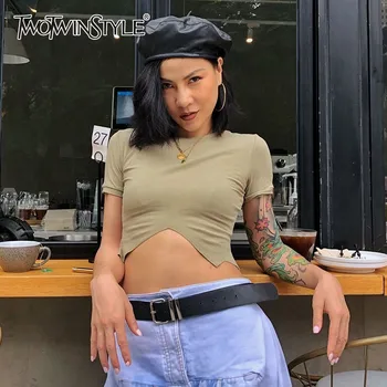 

TWOTWINSTYLE Summer Solid Knitted Sexy Women T Shirt O Neck Short Sleeve Slim Irregular Crop Tops Female 2020 Fashion New
