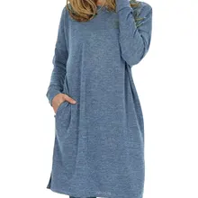 Длинные женские футболки осень зима Повседневный свободный сплошной пуловер Круглый вырез полный рукав карманы топы тройники размера плюс 2XL