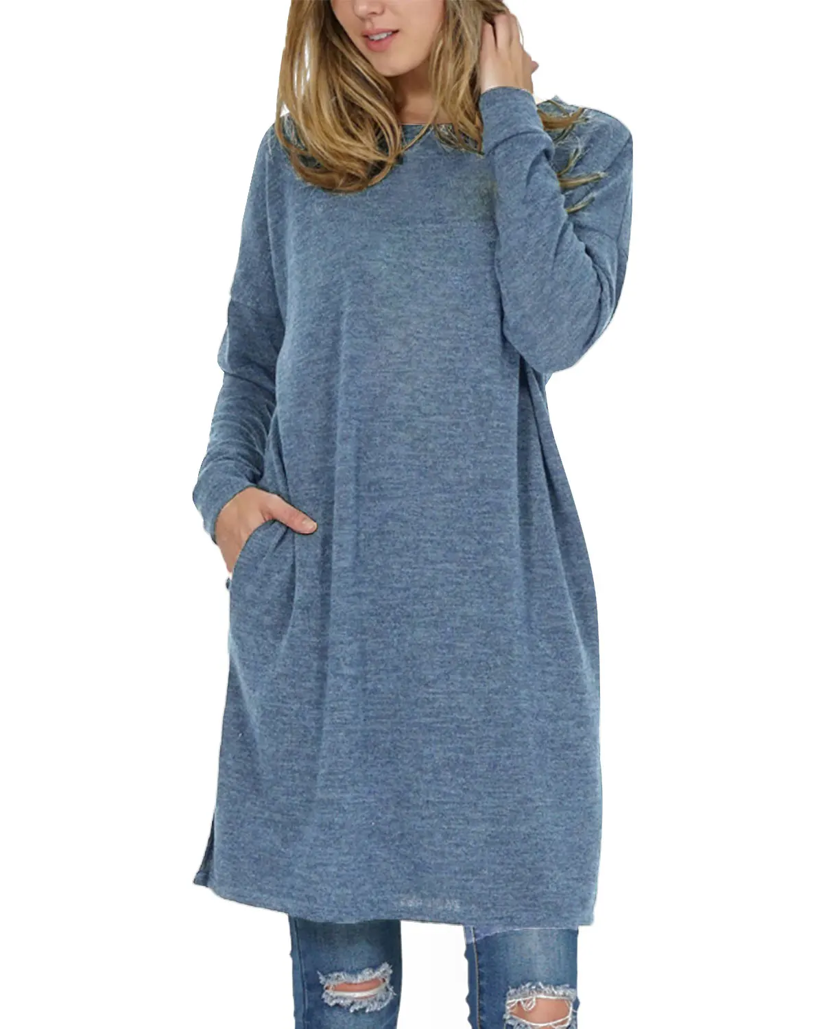 

Long T-Shirts Women 2019 Autumn Winter Casual Loose Solid Pullover Round Neck Full Bating Sleeve Pockets Tops Tees Plus Size 2XL