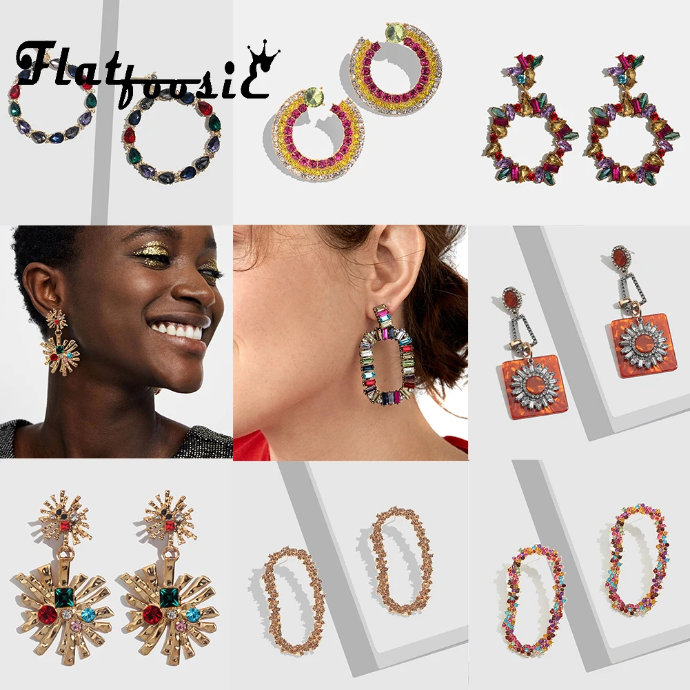 

Flatfoosie 2019 New Trendy Crystal Drop Dangle Earrings Bohemian For Women Round Geometric Wedding Jewelry Party Pendant Earring