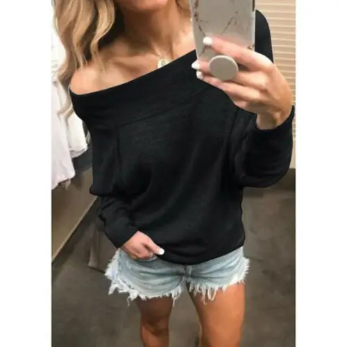  Womens Hoodies Fashion Long Sleeve Solid Color Off The Shoulder Loose Tops Sweatshirt Ladies Jumper