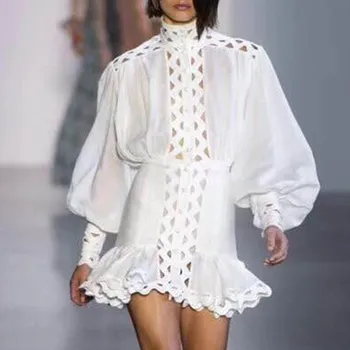 

2019 Women Fashion Bodycon Dress Female Lantern Long Sleeve Hollow Out Ruffle Dress High Waist Hem Shirt Dresses