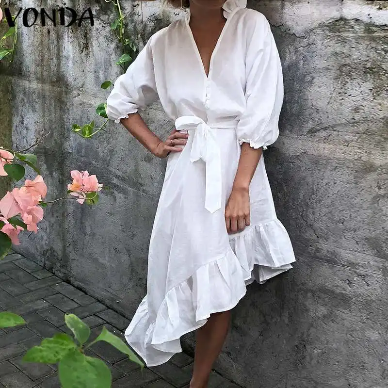 

VONDA Autumn Women Dress Casual Loose Vintage Vestidos Sexy V Neck Buttons Puff Sleeve Ruffle Bow Belt Irregular Hem Dresses