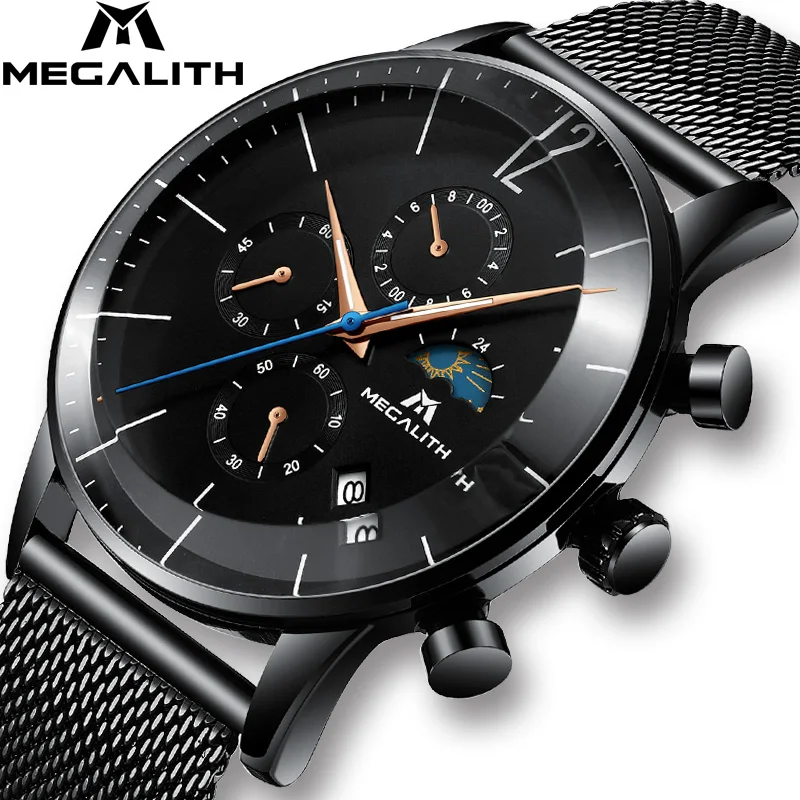 

MEGALITH Luxury Top Brand Sport Quartz Watch Men Fashion Waterproof Mens Watches Chronograph Stainless Steel Wristwatch Clock