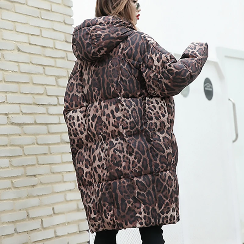 [EAM] 2019 New Spring Hooded Long Sleeve Leopard Printed Loose Large Size Cotton-padded Coat Women Parkas Fashion JK242