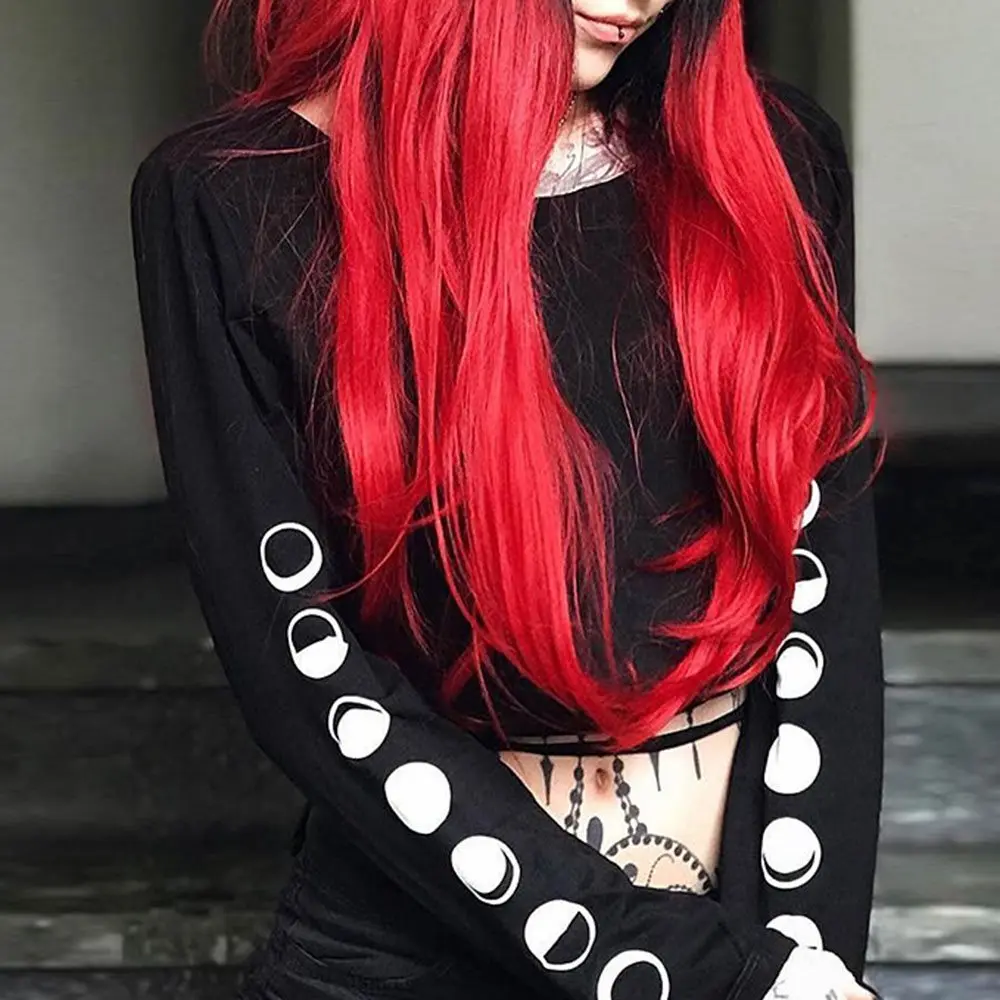 Rosetic Harajuku Goth Solid Black Crop T Shirt Short length Hollow Out Printed Moon Long Sleeve Top Tee Bandage Sexy Punk Street