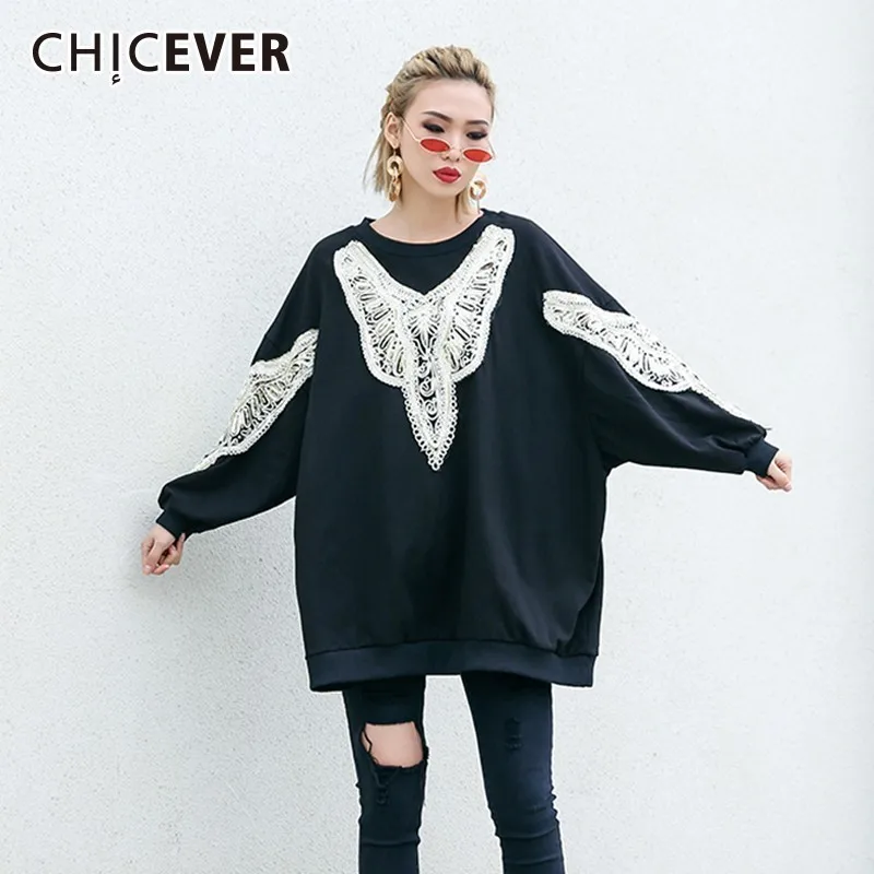 CHICEVER Embroidery Sequins Sweatshirts For Women O Neck Batwing Sleeve