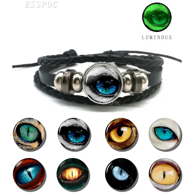 

Green Light Luminous Bracelet Dragon Eye Glowing Picture Braided Black Leather Bracelet Fashion Jewelry Glow In The Dark Gifts