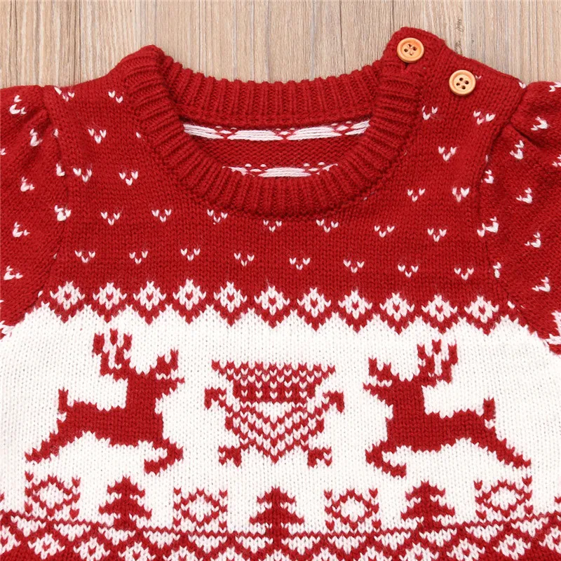 Рождественское вязаное платье; сезон зима-весна; шерстяной свитер для маленьких девочек; праздничная одежда; рождественское платье-пачка с короткими рукавами и рисунком оленя для малышей