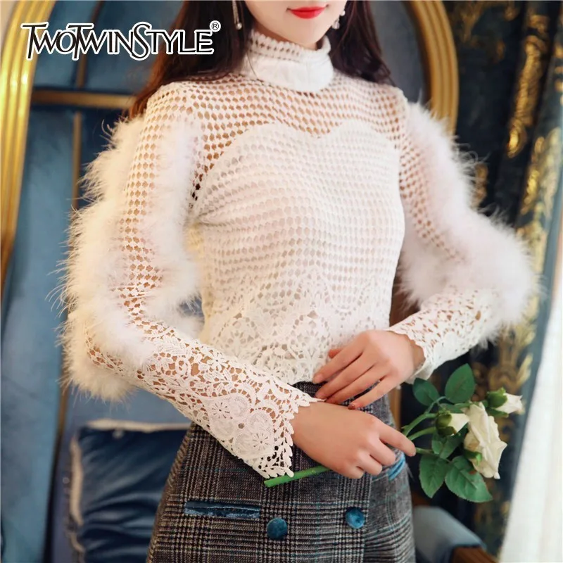 

TWOTWINSTYLE Lace T-shirts For Women Oversize Long Sleeve Hollow Out Patchwork Feather Womens T-shirt Korean Styles 2019 Autumn