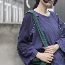 Весна и осень Новое поступление хлопок и лен футболки Лоскутные свободные ретро большие размеры футболка D818