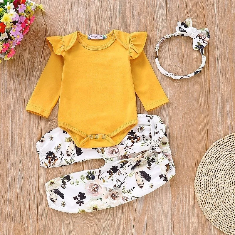 

New Impaired Long Sleeve Cotton Top Harembroek + + Print Headband Baby Girls Born Fashion New 3 Piece Set 0 24 M