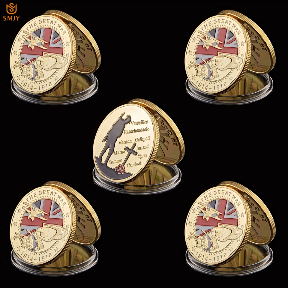 5Pcs 1914-1918 WW1 100th Anniversary Gold Euro Military Memorial Medal Challenge Souvenir Coin Collection And Holiday Gifts | Дом и сад