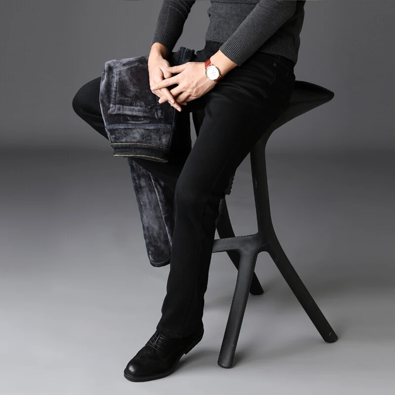 Winter Jeans Men Classic Black Color Slim Fit Stretch Thick Velvet Pants Warm Jeans For Men Fashion Casual Fleece Trousers Male