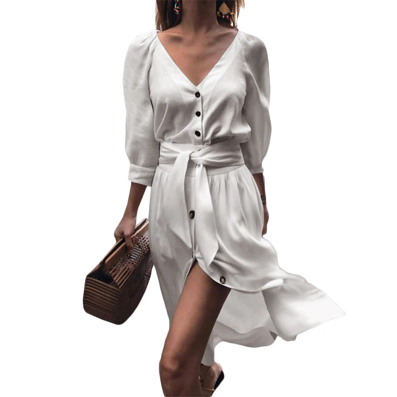 

Women Fashion Elegant V Neck Half Sleeve Button Slit Mini Dress Ladies Casual Solid Color Pleated Lace Up Shirt Dress