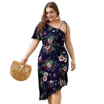 

Wipalo Women Plus Size Floral Print One Shoulder Ruffled Dress Asymmetrical Short Sleeve Casual Sundress Boho Beach Vestidos