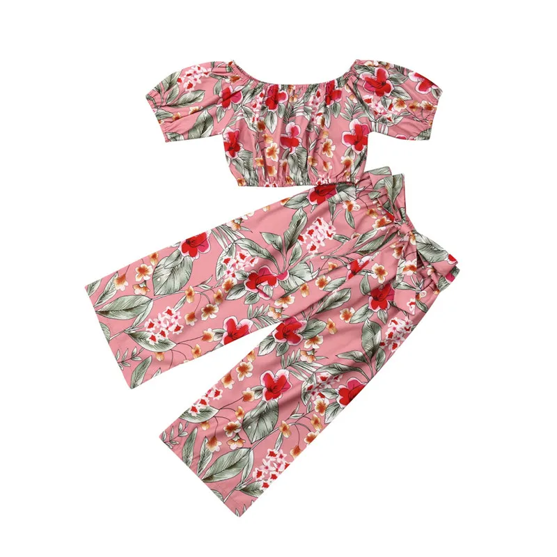 Fashion Kid Baby Girl Floral Clothes Sets Off Shoulder Short Sleeve Crop Tops Bow Wide Leg Pants 2Pcs Summer Outfits 18M-6Y | Мать и