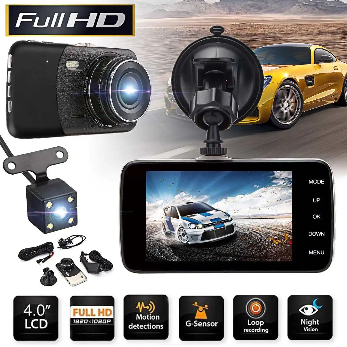 

Dual Lens Dash Camera Cam 4.0" Car DVR Full HD 1920*1080P Digital Video Recorder Camcorder with Rear view Auto Night Vision