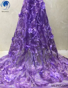 

BEAUTIFICAL african lace fabric wedding lace 3d fabric with bling sequins and beads 5 yards/lot materials purple color ML1N720