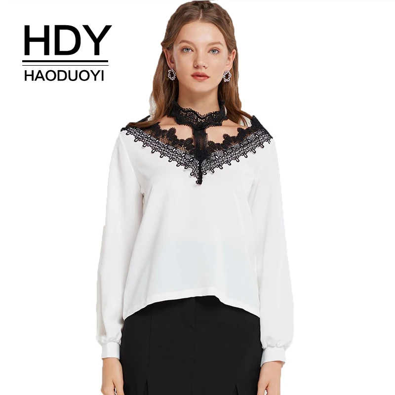 Ажурная кружевная блузка HDY haoduiyo белая с рукавами фонариками и стоячим