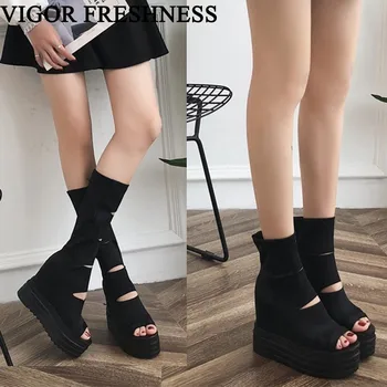 

VIGOR FRESHNESS Summer Women Boots Sexy Increase Internal Heels Woman Shoes Sandals Gladiator Boots Cutout Rome Shoes WY316