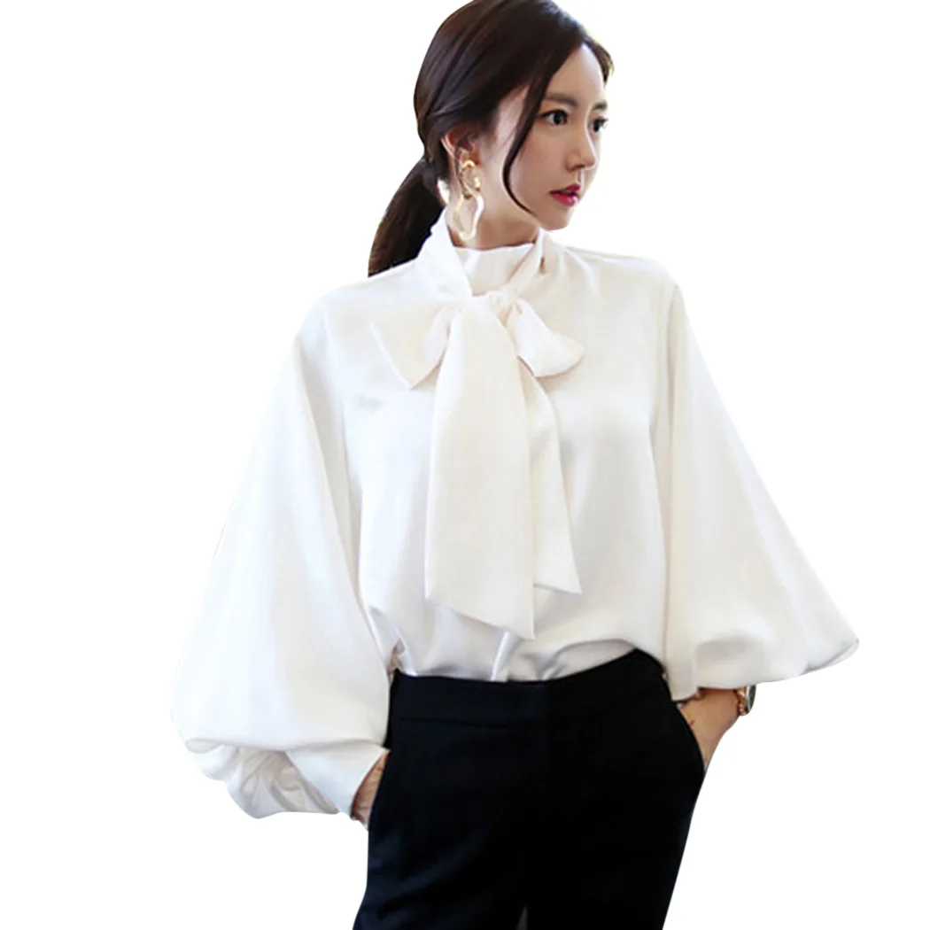 

Fashion Women Lantern Sleeve Blouse Solid Color Loose Bow Tie Tops Shirts Ladies Elegant Office Chiffon Blouses Tunic Blusas