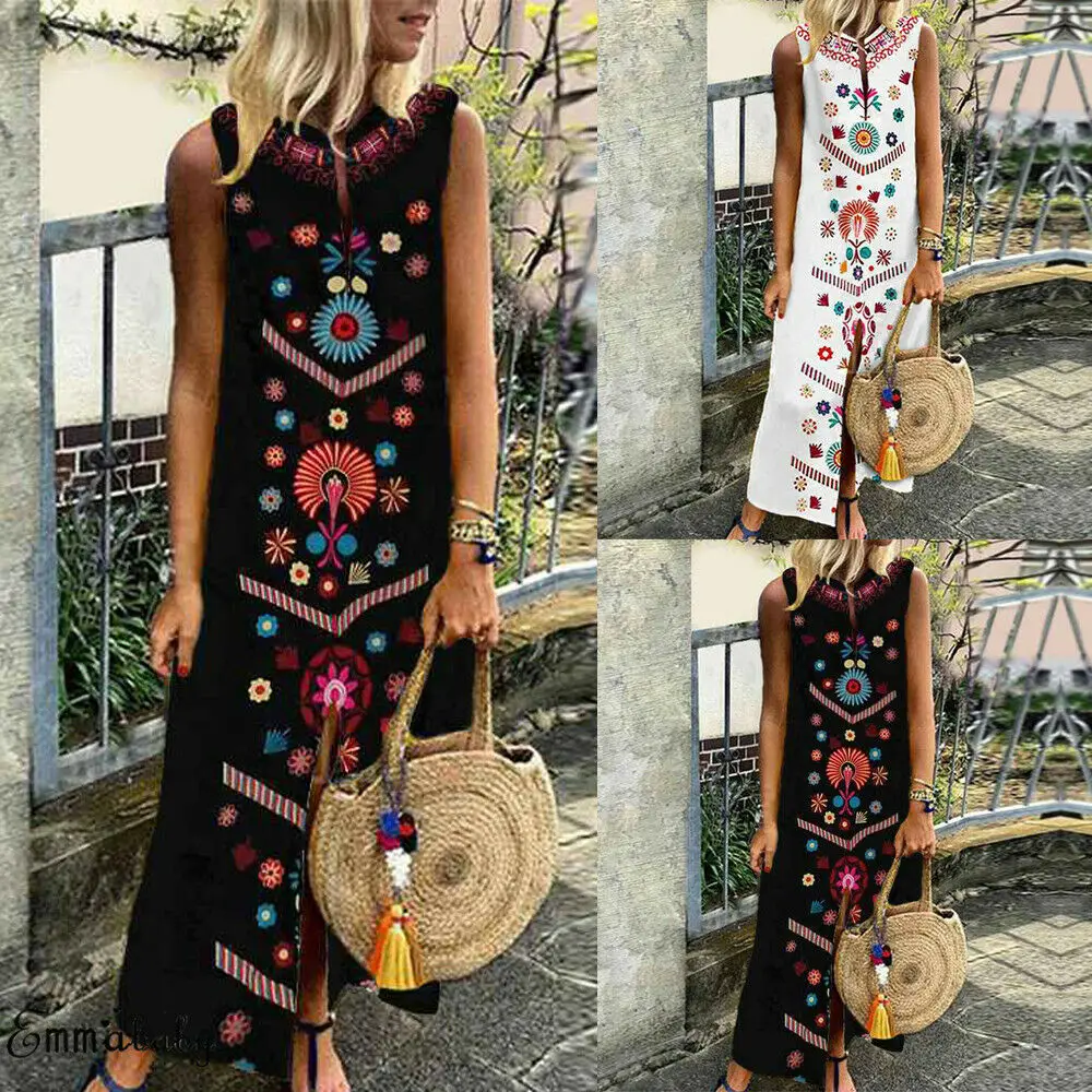 Женское пляжное платье без рукавов Boho длинное повседневное женское с разрезом и