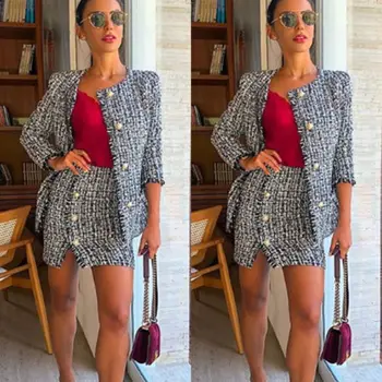 

2019 New Women's Printed Button Women's Set Round Neck Print Top Jacket Button Mini Split Dress Skirt