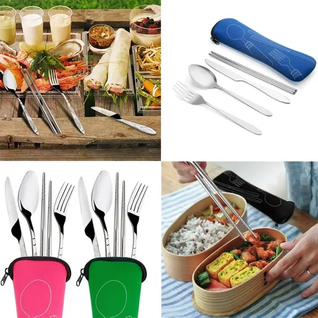 3/4Pcs Stainless Steel Knife Fork Spoon Chopsticks Travel Camping