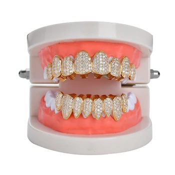 

Hip Hop Fang Teeth Grillz Set Gold Color Micro Pave Cubic Zircon Top & Bottom teeth GRILLZ mouth teeth grilling sets