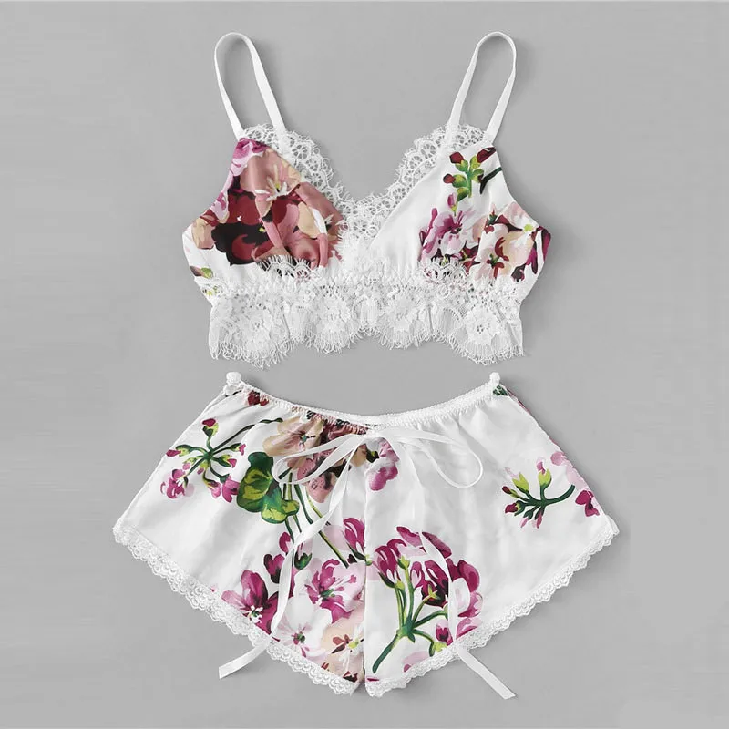 

2019 Pajamas For Women Sexy Lace Satin Sleepwear Lingerie Set Pyjamas Trim Floral Bow Nightshirt Sling Nightgown Verano Mujer