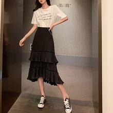 Высокая талия женские асимметричные дизайн оборки юбки нерегулярные черные повседневные женские плиссированные юбки элегантный дизайн макси юбки