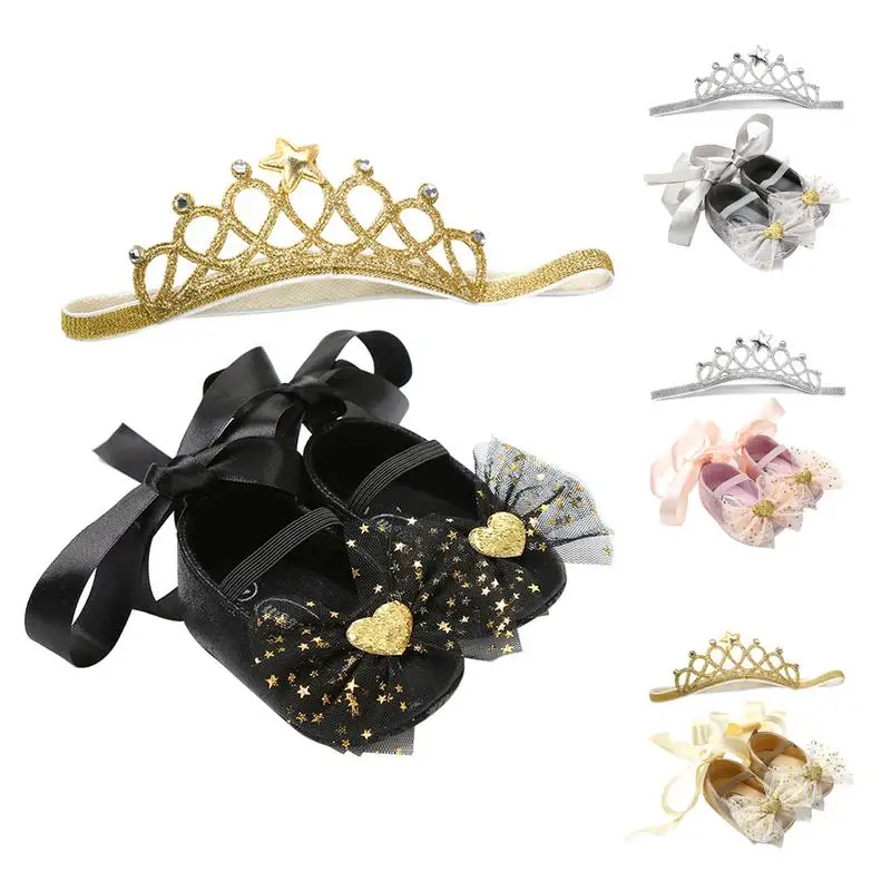 

Baby Shoes Princess Shoes Hair Band Suit 2 Piece Set Crown Elastic Hairband Baby Bowknot Shoes