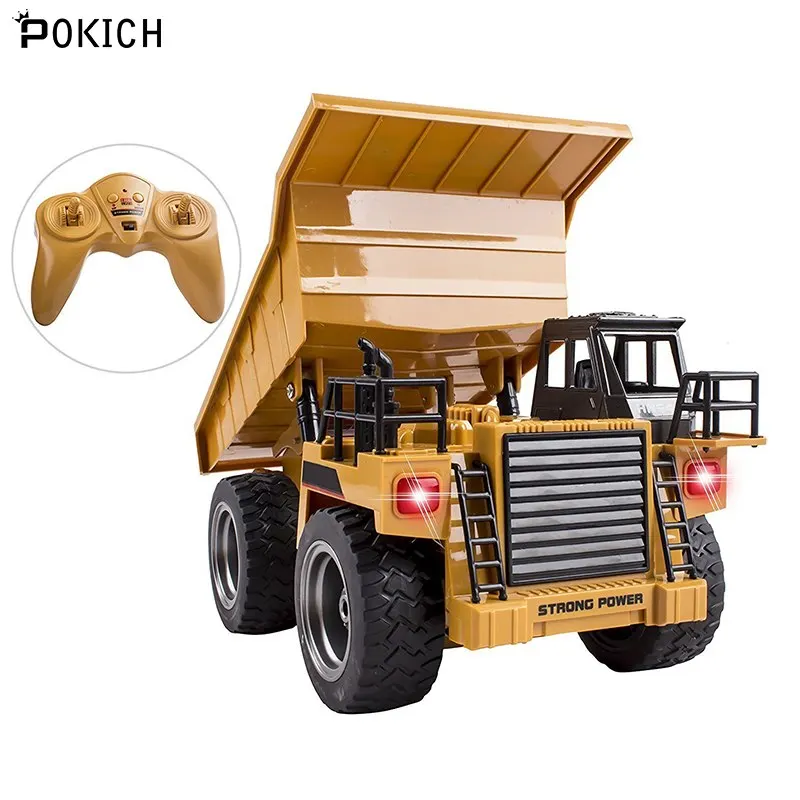 Pokich 2.4G 6CH Electric Rc Remote Control Alloy Full Functional Dump Truck Toy for Kids with Lights Metal Die-Cast Front-C |