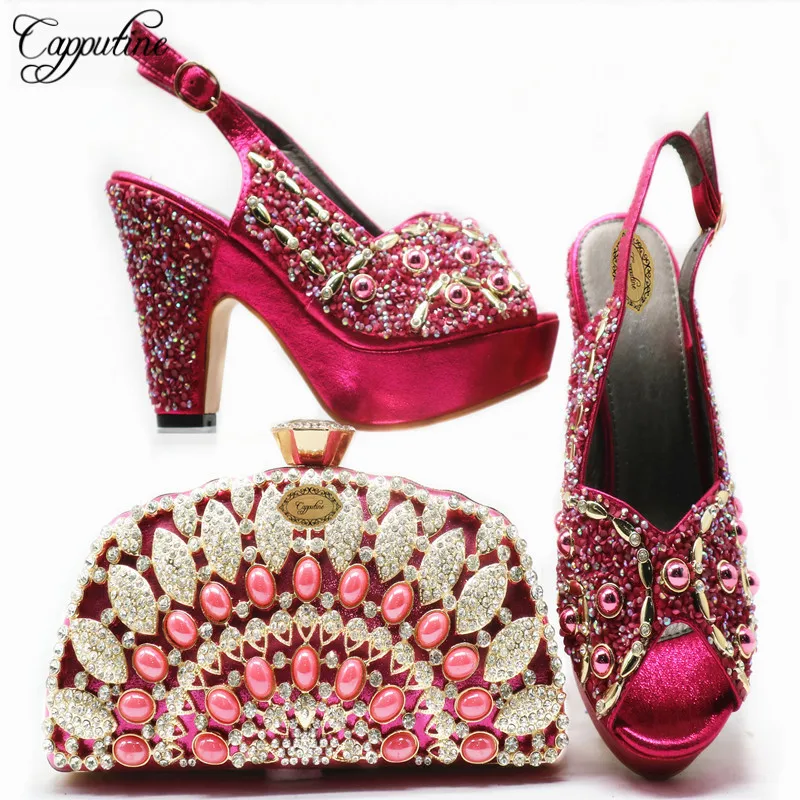 

High Quality Italian Crystal Woman Shoes And Bags Set 2019 Fashion High Heels 10CM Shoes And Matching Bags Set For Party G71