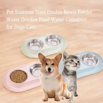 

Pet Stainless Steel Double Bowls Feeder Water Drinker Food Water Container For Dogs Cats Cat Puppy Food Water Dish Pet Supplies
