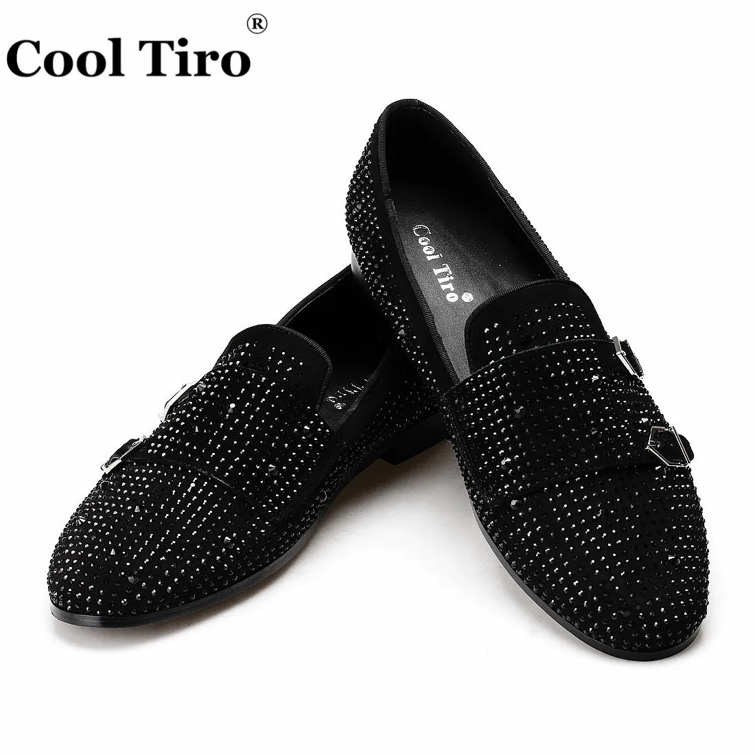 

Cool Tiro Black Rhinestone Double-Monk Men Loafers Strass Flat Moccasins Slippers Suede Men's Dress Genuine Leather Casual Shoes