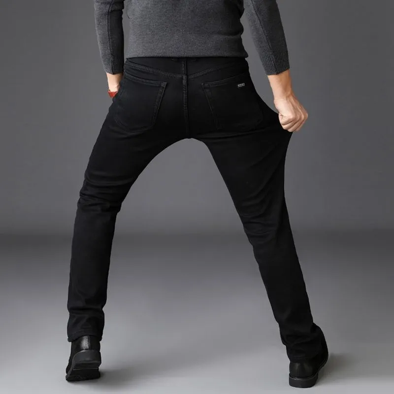 Winter Jeans Men Classic Black Color Slim Fit Stretch Thick Velvet Pants Warm Jeans For Men Fashion Casual Fleece Trousers Male