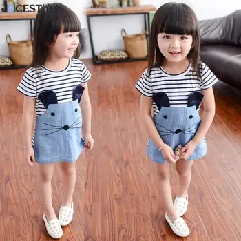 

Baby Girl Dress Sleeves Striped Denim T-shirt Dress Kids Girls Casual Dress Girls Cute Mouse Stripe Dress