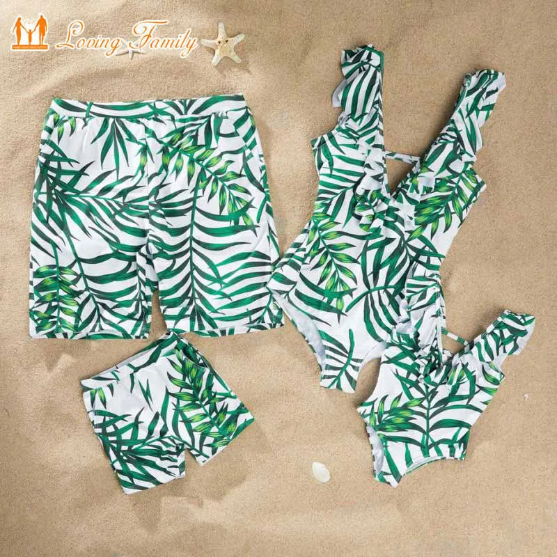 

Family Matching Outfits Leaf Swimsuit Look Mother Daughter Swimwear Mommy And Me Bikini Dress Clothes Father Son Swimming Shorts